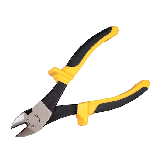 STANLEY 0-84-622 diagonal cutting pliers with yellow and black handles, product photography, angled view.