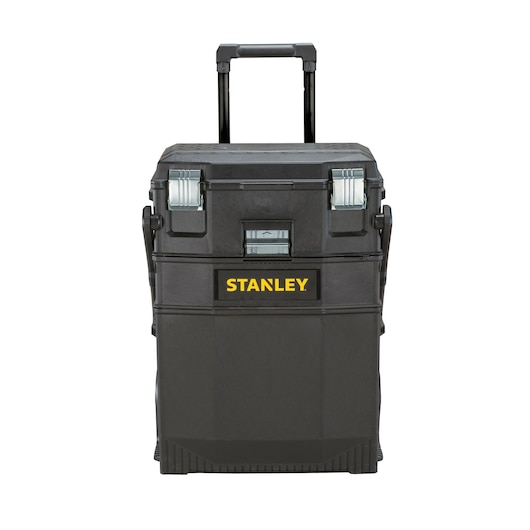 Stanley rolling toolbox with telescoping handle, black plastic, front angle, silver metal latches, FATMAX logo