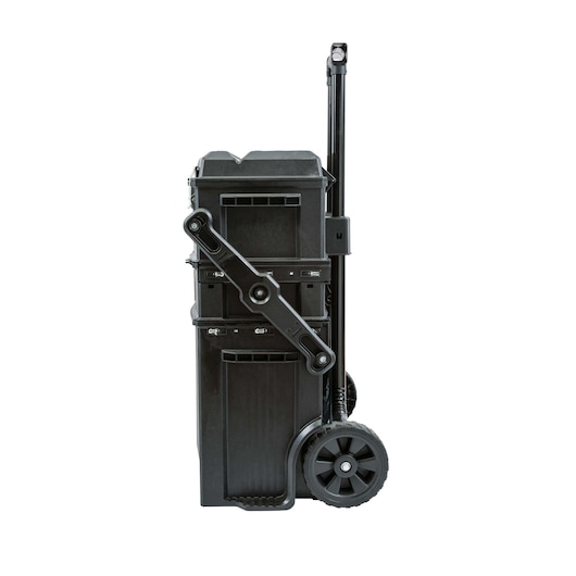 Stanley black rolling tool chest side view, stacked compartments, large wheels, white background