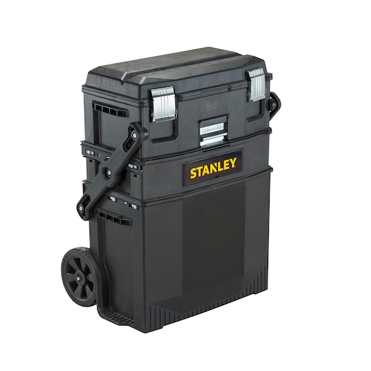STANLEY FATMAX black rolling toolbox with top latches, handle, and wheels, angled front view on white background