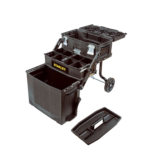 STANLEY rolling tool box with multiple open compartments, dividers, and wheels, shown at an angled side view.