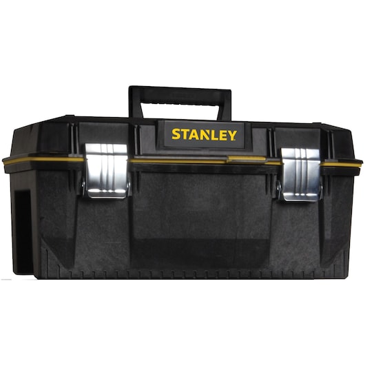 Photo of a STANLEY 023001W black plastic toolbox with yellow accents, metal latches, and a top handle, front angle.