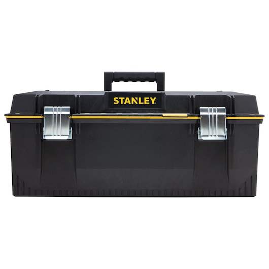 Front view of STANLEY FATMAX black plastic toolbox with metal latches, handle, and yellow accents on white background.