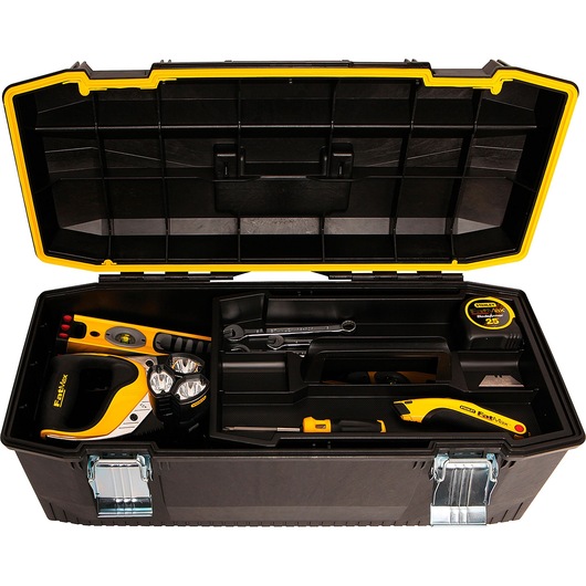 STANLEY 028001L tool box photography, open lid, showing assorted yellow and black tools from top angle.