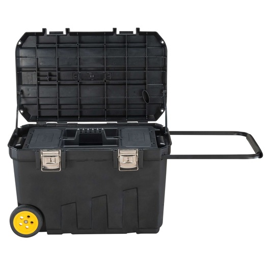 Stanley wheeled tool box, front angle on white background, lid open, yellow wheels, extended handle