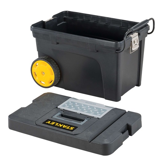 Stanley black rolling tool box with yellow wheels and removable lid, shown in angled view on white background.