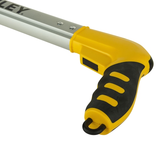 STANLEY 1-77-174 photography of yellow and black ergonomic handle on metal tool, close-up angle.