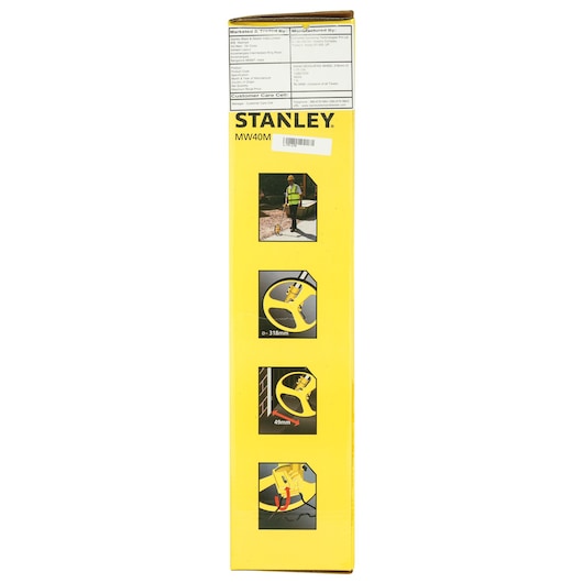 STANLEY MW40M 1-77-174 measuring wheel product box, yellow with feature images, side angle.