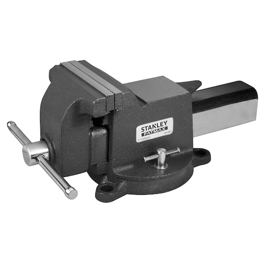 STANLEY 1-83-067 bench vise, metal workshop tool, side angle, on white background.