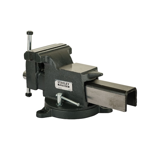 STANLEY 83-067 bench vise, heavy-duty cast iron, front angle, black metallic finish.