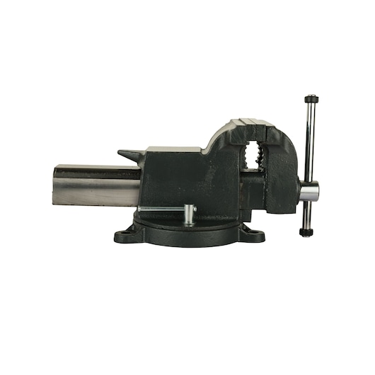 STANLEY 83-067 bench vise, black metal, side angle on white background.