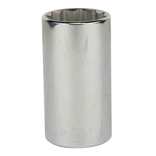 Photo of STANLEY 86-439 chrome socket, long, 12-point design, shown from front on white background.