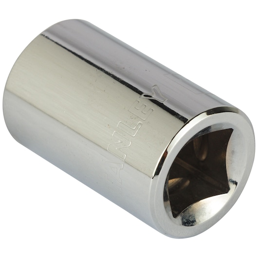 Stanley chrome socket tool with hex opening, used for tightening or loosening nuts and bolts.