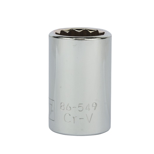 Chrome Stanley socket with 12-point opening and engraved markings, used for tightening nuts and bolts.