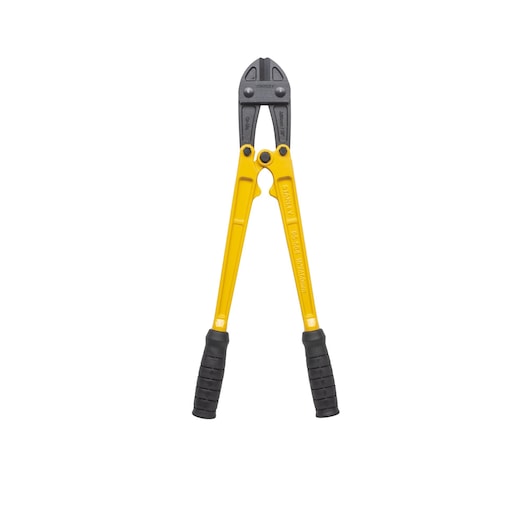 STANLEY 1-95-564 bolt cutter with yellow handles and black grips, side angle, photography category.