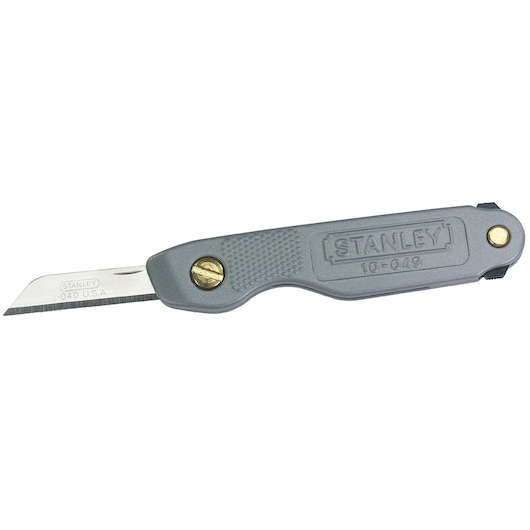 STANLEY 10-049 folding pocket knife with gray handle and partially extended straight blade, side view, white background.