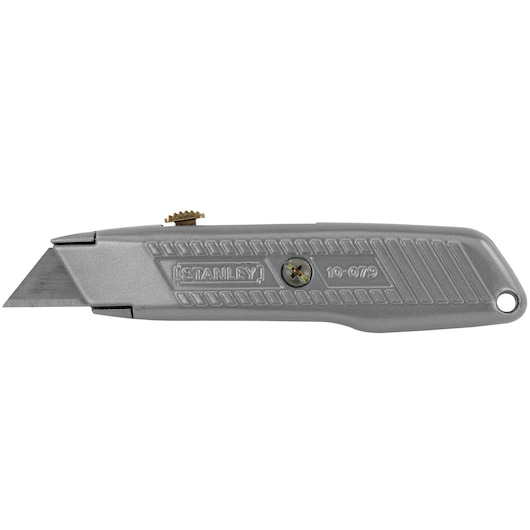 Stanley utility knife side view, silver body with textured grip and visible blade, white background