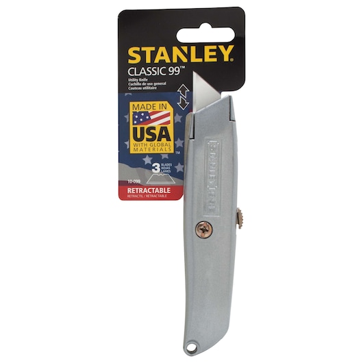 STANLEY 10-099-KR Classic 99 retractable utility knife, silver, front angle, packaged.