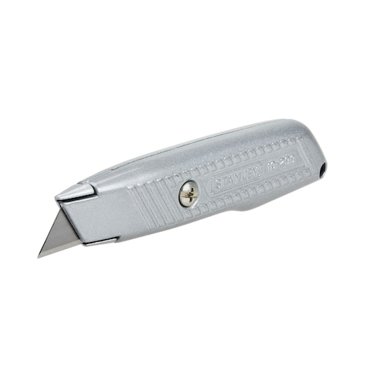 Stanley utility knife, silver metal body, side angle on white background, exposed straight blade