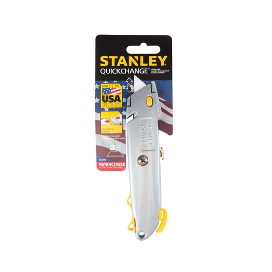 STANLEY 10-499 utility knife with silver body, yellow accents, and packaging, front view on white background.