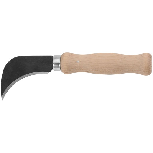 Stanley hooked garden knife with curved black blade and light wood handle, side view on white background.