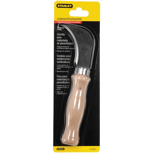 Photo of STANLEY 10-509 linoleum and flooring knife with hardwood handle, shown in packaging front view.