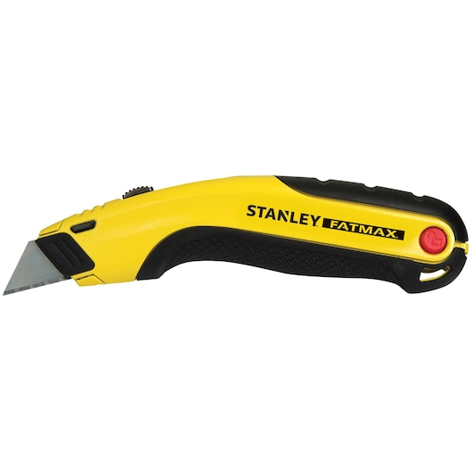 STANLEY 10-778 utility knife, yellow and black, side view, FATMAX branding, curved ergonomic handle.