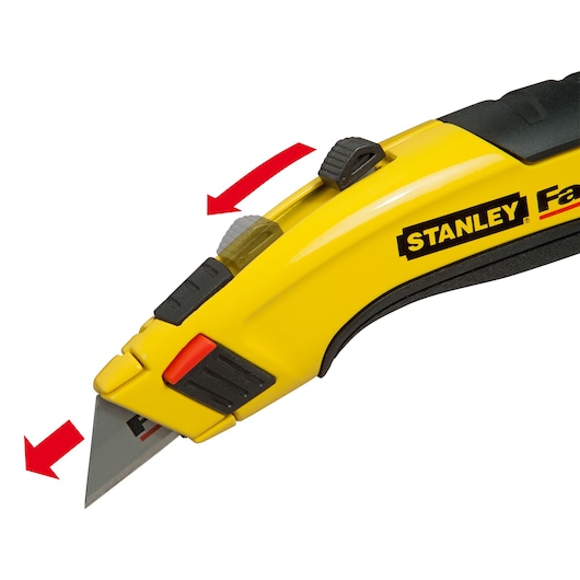 STANLEY 10-778 yellow utility knife with retractable blade, close-up side angle, red and black grip accents.