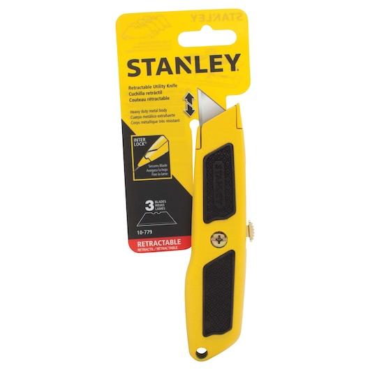 STANLEY 10-779 retractable utility knife with yellow and black handle in retail packaging, front view.