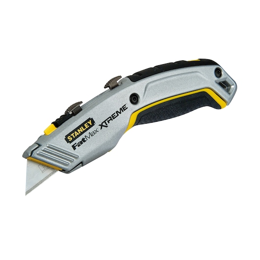 STANLEY 10-789 silver and yellow utility knife with ergonomic grip, side angle, white background.