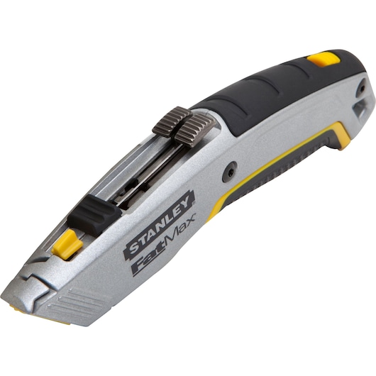 Stanley 10-789 utility knife, silver and black, angled side view, featuring yellow accents, photography.
