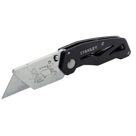 STANLEY 10-855 black folding utility knife with silver blade, side angle on white background.