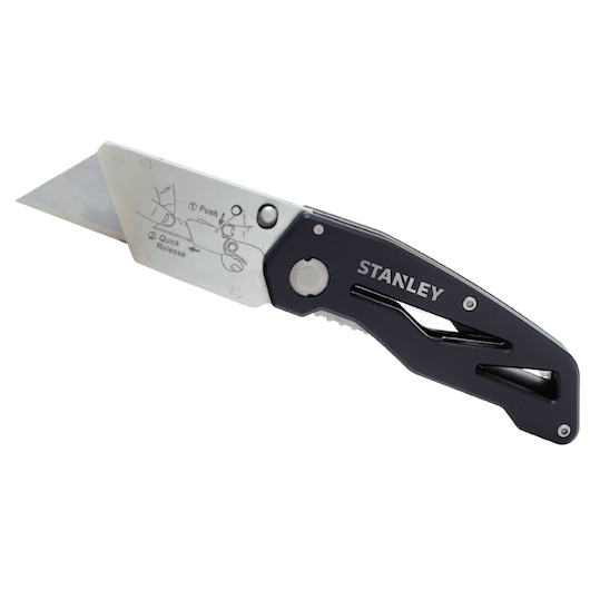 STANLEY 10-855 folding utility knife with quick release, partially open, shown on white background.