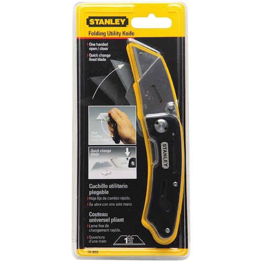 STANLEY 10-855 folding utility knife in retail packaging, black and yellow handle, front angle.
