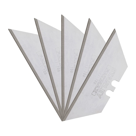 STANLEY 11-700 utility knife blades, set of five, silver color, fanned out, white background.