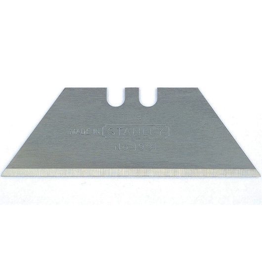 Stanley utility knife blade, straight-on angle, silver metal with sharp edge and two notches, model 1991