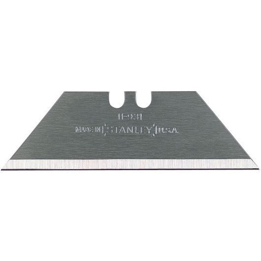 Stanley utility knife replacement blade, straight edge, silver, front angle on white background