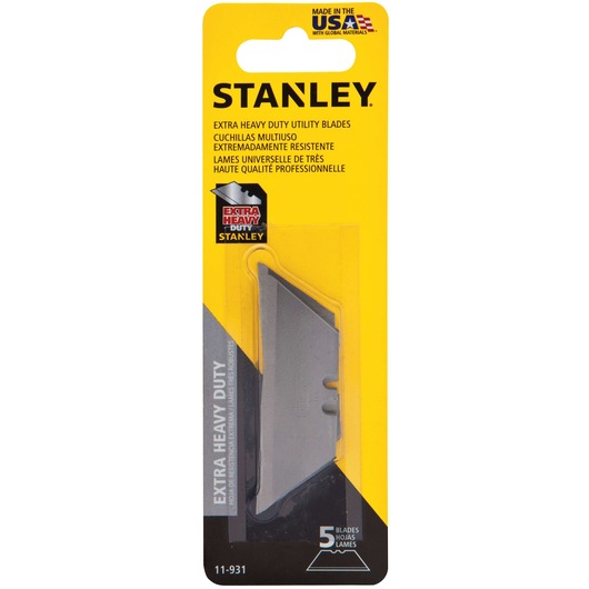 STANLEY 11-931 extra heavy duty utility blades pack, yellow and black packaging, front view, contains 5 blades.