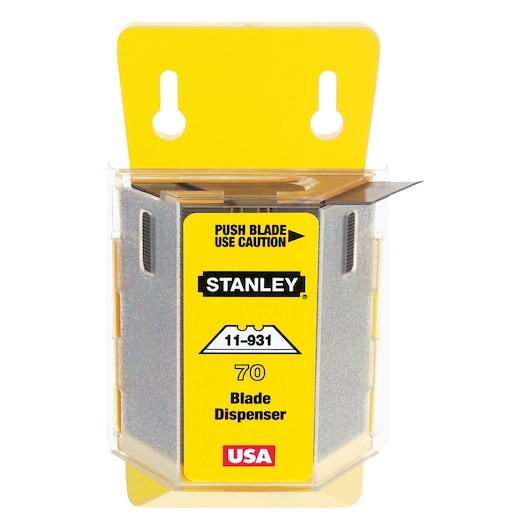 STANLEY 11-931 blade dispenser front angle, yellow label, holds 70 utility blades, white background.