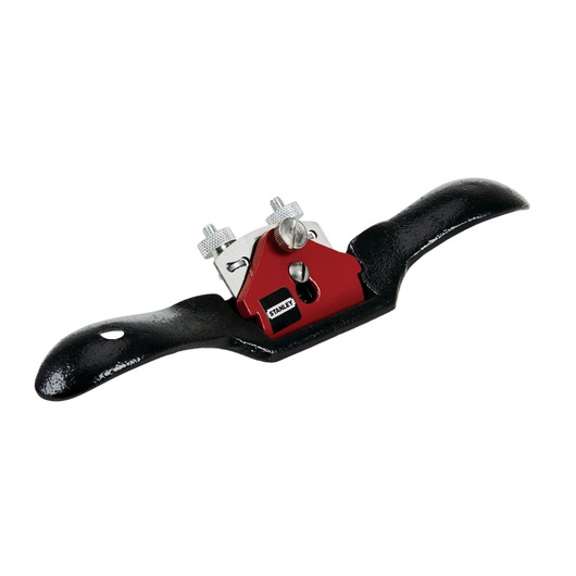 Stanley spokeshave with black curved handles and a red adjustable blade, front view on white background.