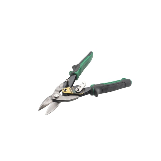 STANLEY 14-564 aviation snip with green and black ergonomic handles, product photo on white background.