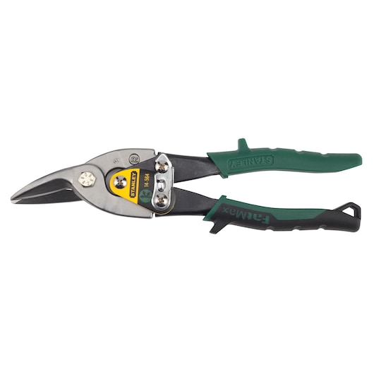 STANLEY 14-564 aviation snip with angled steel blades, green and black ergonomic handles, side view, photography.