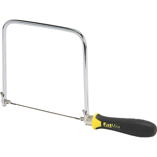 STANLEY 15-106 coping saw with black and yellow FatMax handle, side angle on white background.