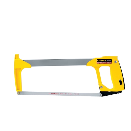 Stanley contractor grade hacksaw side view, yellow handle, silver frame and blade, white background.