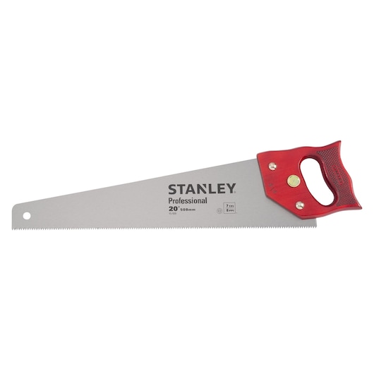 Photo of STANLEY 15-559 hand saw with red handle and silver blade, product shown on white background.