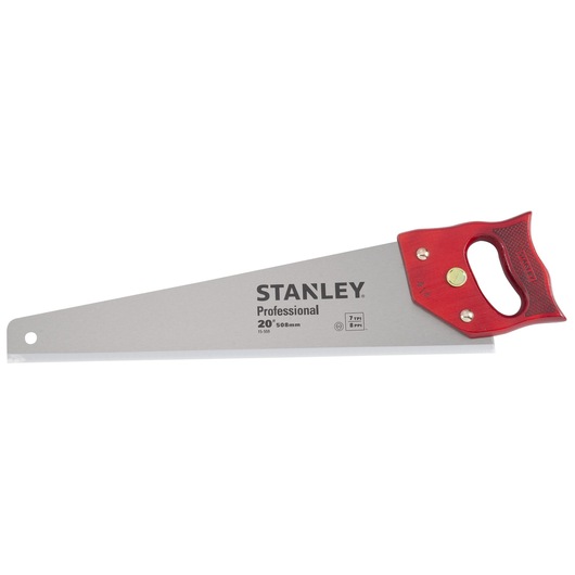 Photo of STANLEY 15-559 hand saw with red handle and silver blade, left side angle, for professional woodworking.