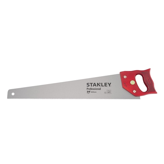 STANLEY 15-561 hand saw with red handle, silver blade, product on white background, side angle.
