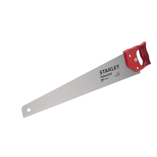 Photo of STANLEY 15-561 hand saw with red handle and 24-inch steel blade, product angled on white background.