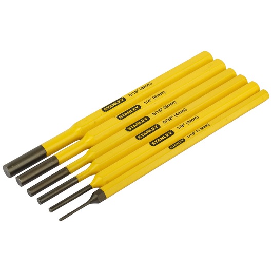 Photo of STANLEY 16-299 yellow punch set, six assorted steel punches with labeled sizes, angled on white background.