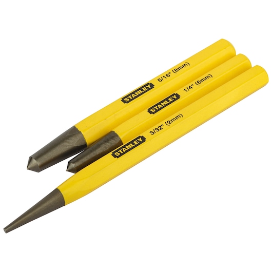 Photo of STANLEY 16-299 yellow center punch set, three pieces, with visible size markings, on white background.